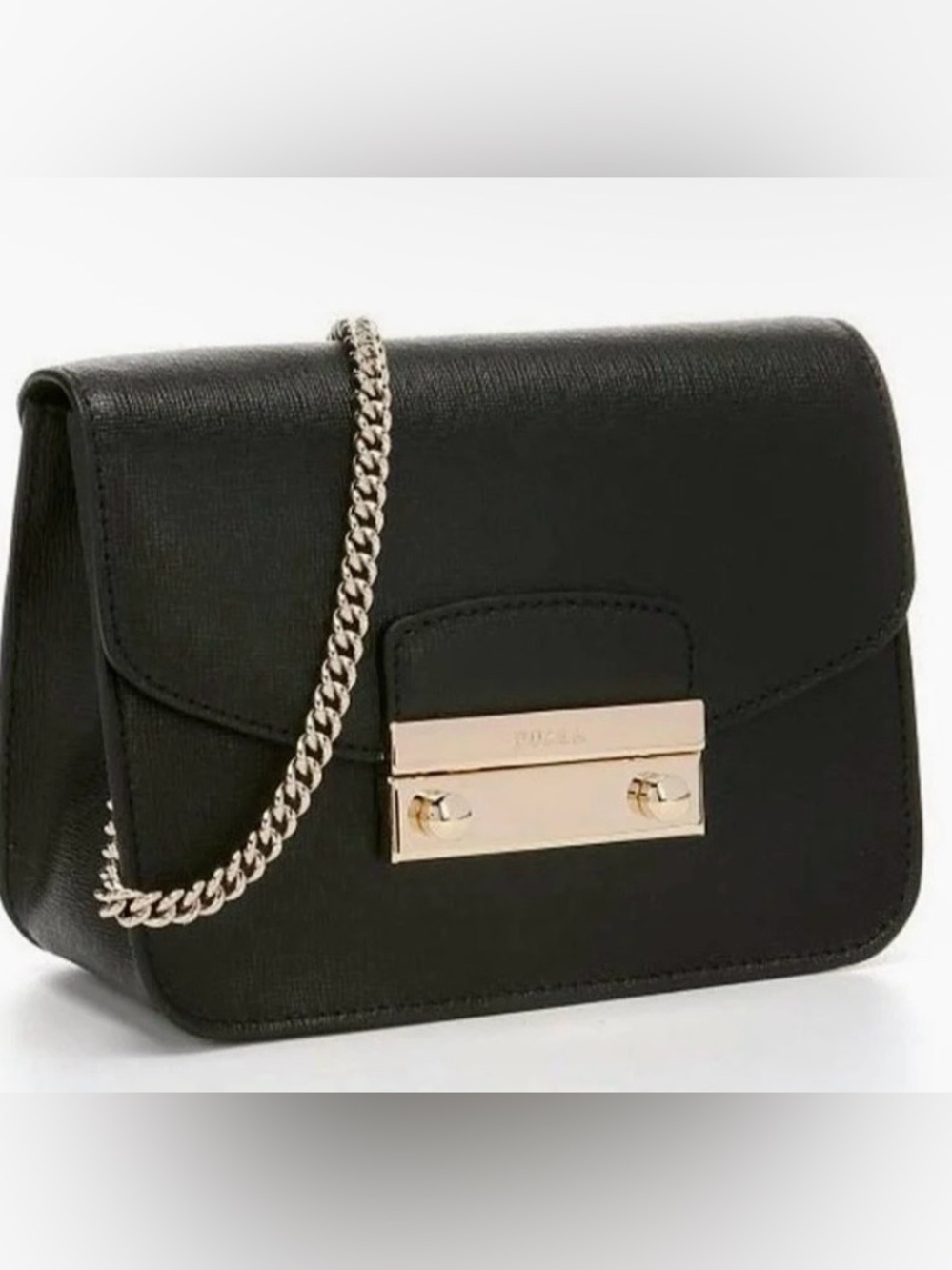 Chic Furla Julia Crossbody Black Saffiano Leather Gold Chain – Dust Bag Included